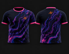 Front and back view of a black round neck cricket jersey featuring a vibrant purple, pink, and blue galaxy swirl design with orange chest and back logos.
