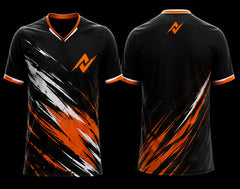 Black and orange custom V-neck cricket jersey featuring dynamic brush stroke graphics with front and back views.