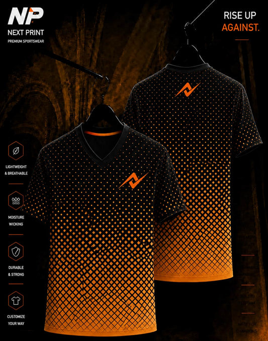 Black and orange geometric gradient sublimation V-neck sports jersey front and back by Next Print