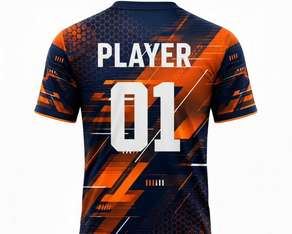 Custom black orange grunge splatter cricket football jersey with personalized team name and number by NextPrint India