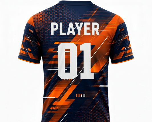 Custom black orange grunge splatter cricket football jersey with personalized team name and number by NextPrint India