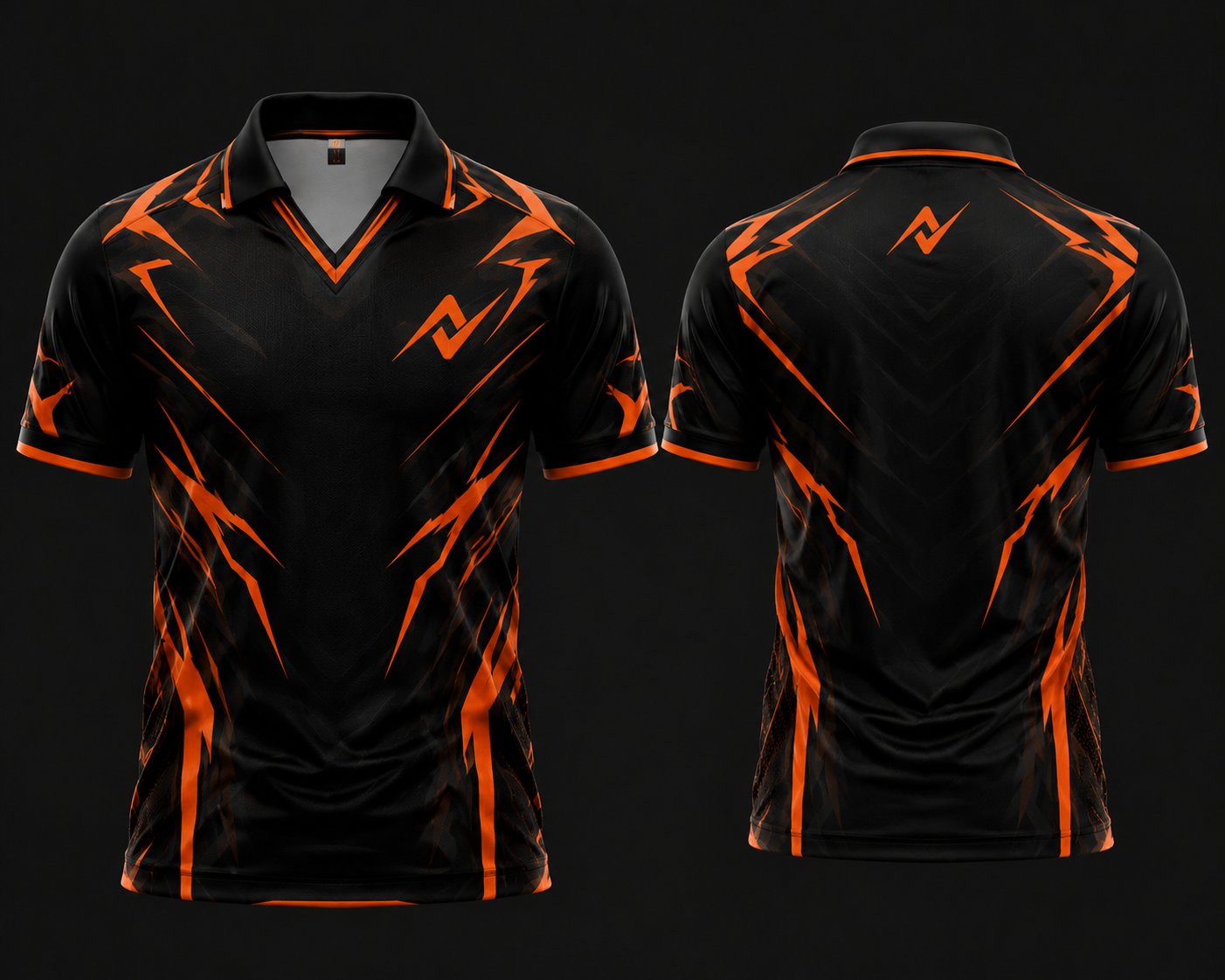 Black and orange lightning esports jersey with V-neck polo collar featuring chest logo and back neck logo placement.