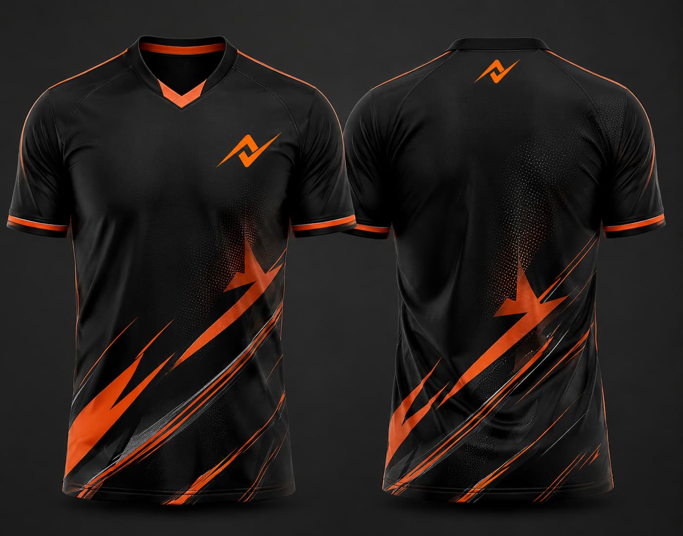 Black and orange lightning V-neck cricket jersey with custom logo on chest and back neck shown in front and back view.
