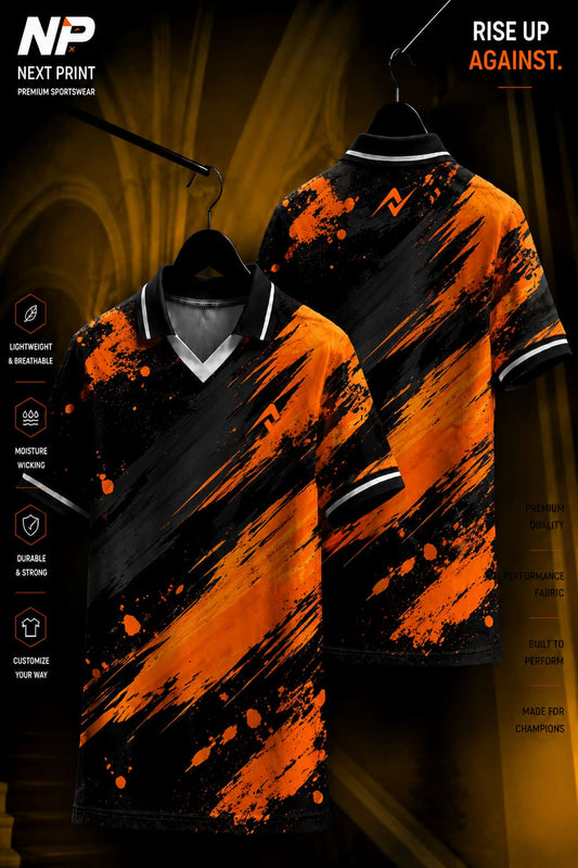Front and back view of a black and orange paint splash polo sports jersey with bold brushstroke graphics and premium dry-fit fabric.