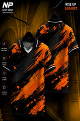Front and back view of a black and orange paint splash polo sports jersey with bold brushstroke graphics and premium dry-fit fabric.