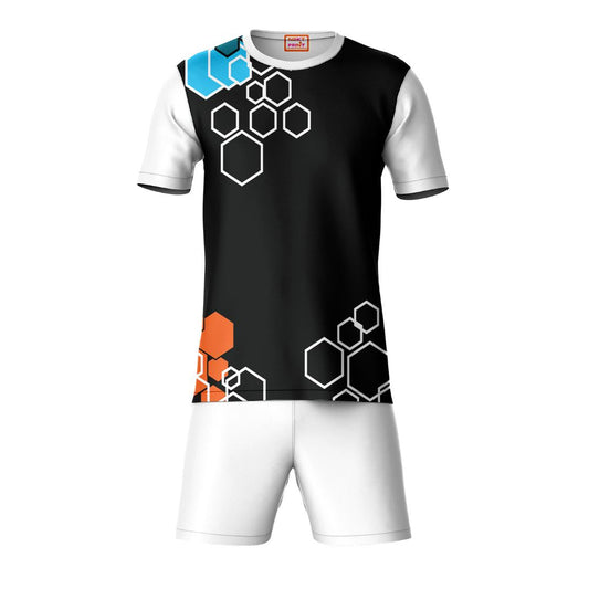 Black orange pattern sports t-shirt with white shorts coord set front view for men