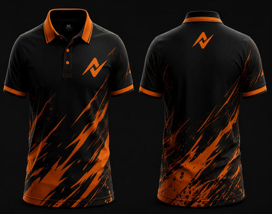 Black and orange polo collar esports jersey featuring bold orange brushstroke graphics, orange logo on the left chest, and matching logo below the back neckline, front and back mockup.