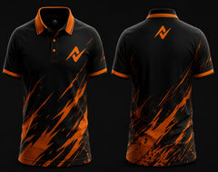 Black and orange polo collar esports jersey featuring bold orange brushstroke graphics, orange logo on the left chest, and matching logo below the back neckline, front and back mockup.