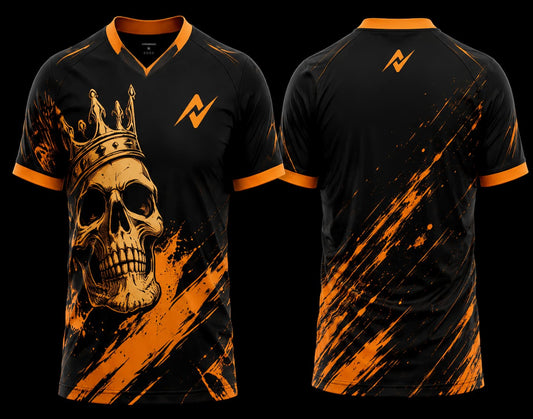 Black and orange V-neck esports jersey featuring a crowned skull graphic with premium front and back sublimation gaming jersey design.
