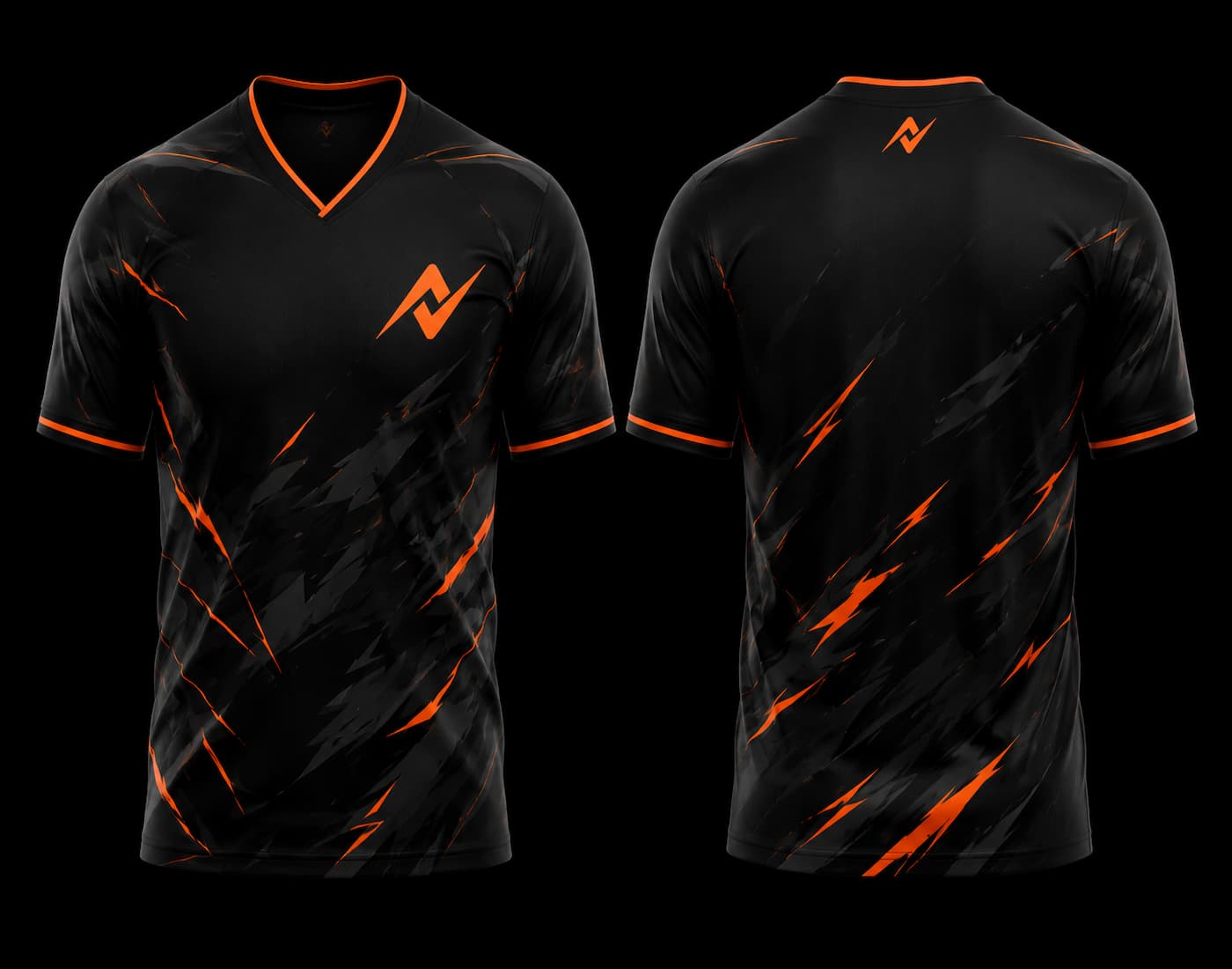 Black and orange V-neck esports gaming jersey with lightning pattern, front and back view featuring orange logo on chest and back neck.