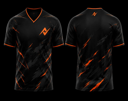 Black and orange V-neck esports gaming jersey with lightning pattern, front and back view featuring orange logo on chest and back neck.