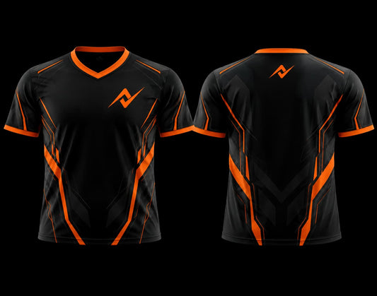 Black and orange V-neck esports jersey featuring an orange logo on the left chest and upper back with modern geometric graphics, front and back view.