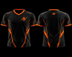 Black and orange V-neck esports jersey featuring an orange logo on the left chest and upper back with modern geometric graphics, front and back view.