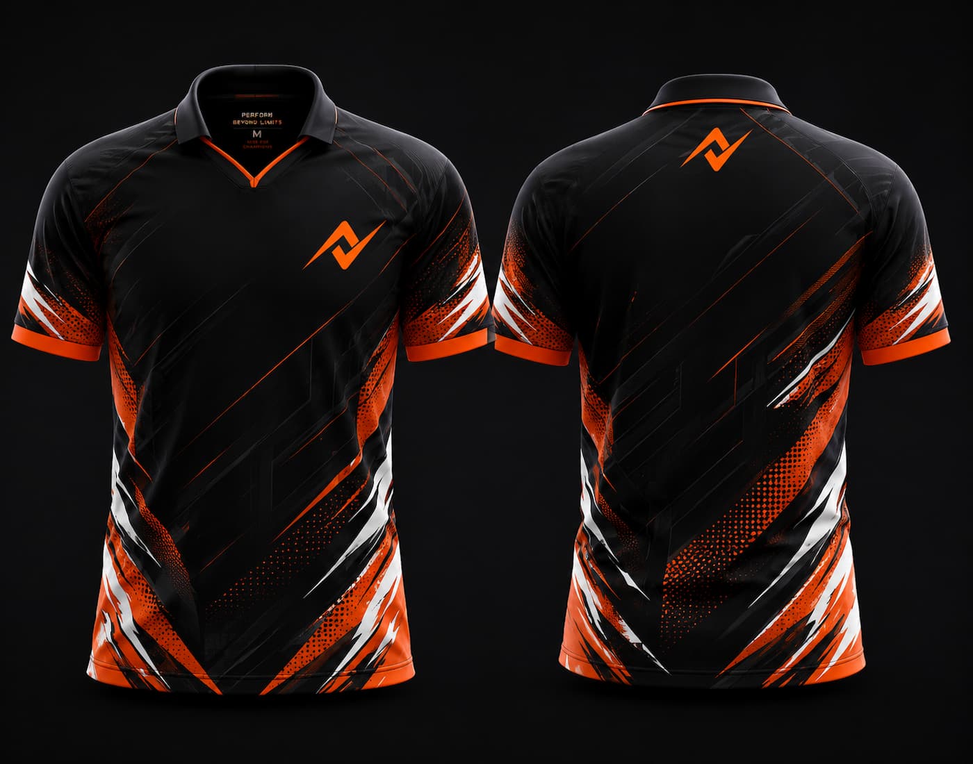 Black and orange V-neck polo collar custom esports jersey front and back mockup with chest logo and neck logo design