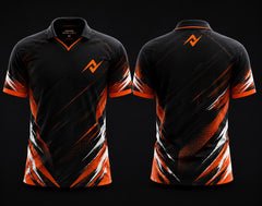 Black and orange V-neck polo collar custom esports jersey front and back mockup with chest logo and neck logo design