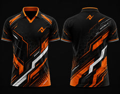 Black and orange custom V-neck polo collar esports jersey featuring futuristic geometric graphics with front and back views