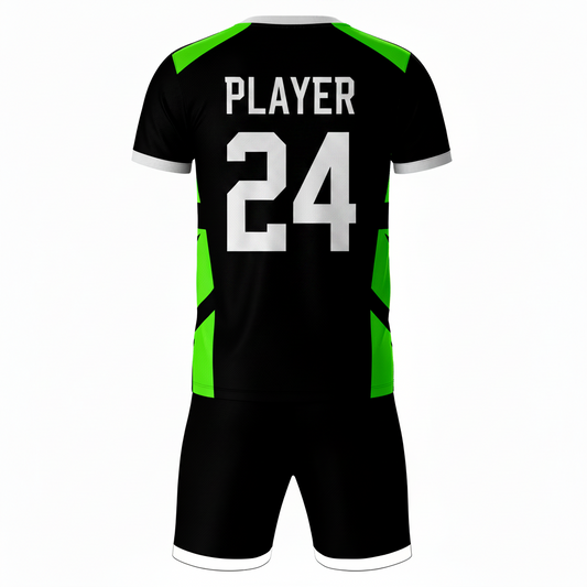 Black pattern sports jersey with black shorts back view