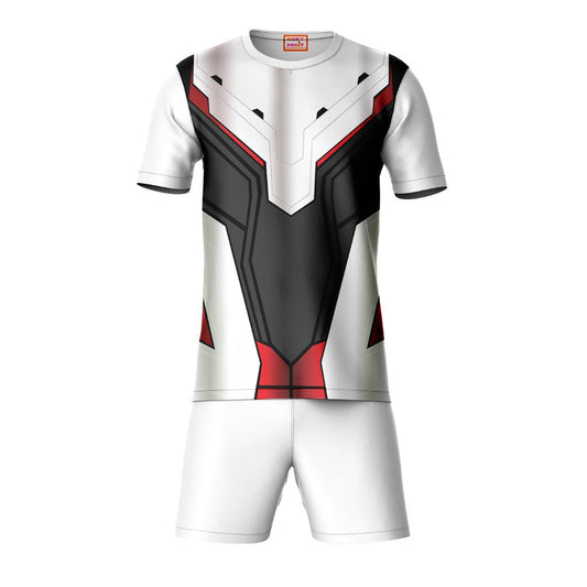 Black pattern sports t-shirt with white shorts coord set front view for men