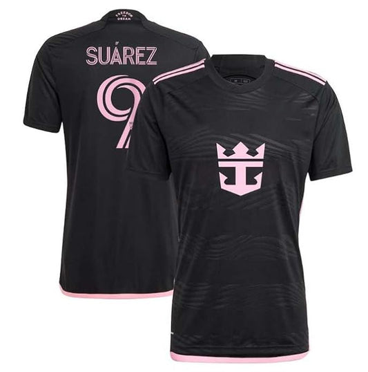 Front and back view of a black performance football jersey with pink accents, round neck collar, subtle textured pattern, and customizable name and number, ideal for soccer teams, training, and match wear.
