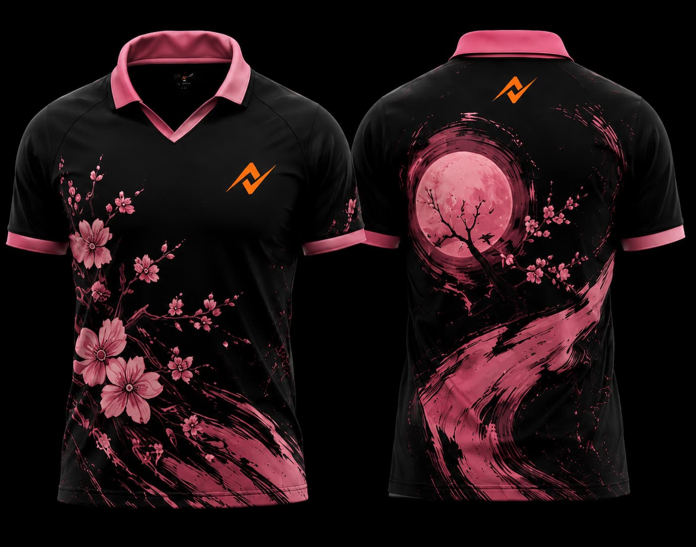 Front and back view of a Black and Pink Sakura Moon V-neck polo esports jersey featuring cherry blossom artwork, moon graphics, and an orange chest and back neck logo.