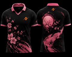 Front and back view of a Black and Pink Sakura Moon V-neck polo esports jersey featuring cherry blossom artwork, moon graphics, and an orange chest and back neck logo.