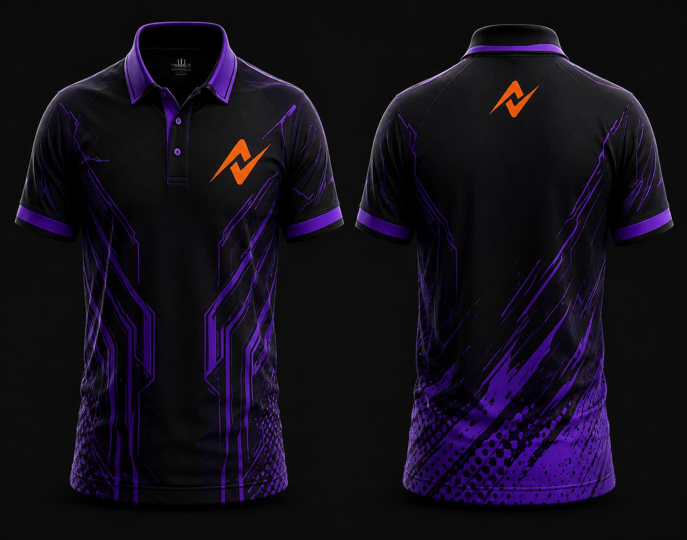 Black and purple polo collar esports jersey featuring futuristic neon graphics, orange logo on the left chest, and matching logo below the back neckline, front and back mockup.