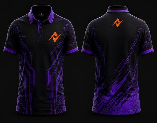 Black and purple polo collar esports jersey featuring futuristic neon graphics, orange logo on the left chest, and matching logo below the back neckline, front and back mockup.
