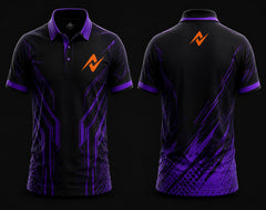 Black and purple polo collar esports jersey featuring futuristic neon graphics, orange logo on the left chest, and matching logo below the back neckline, front and back mockup.