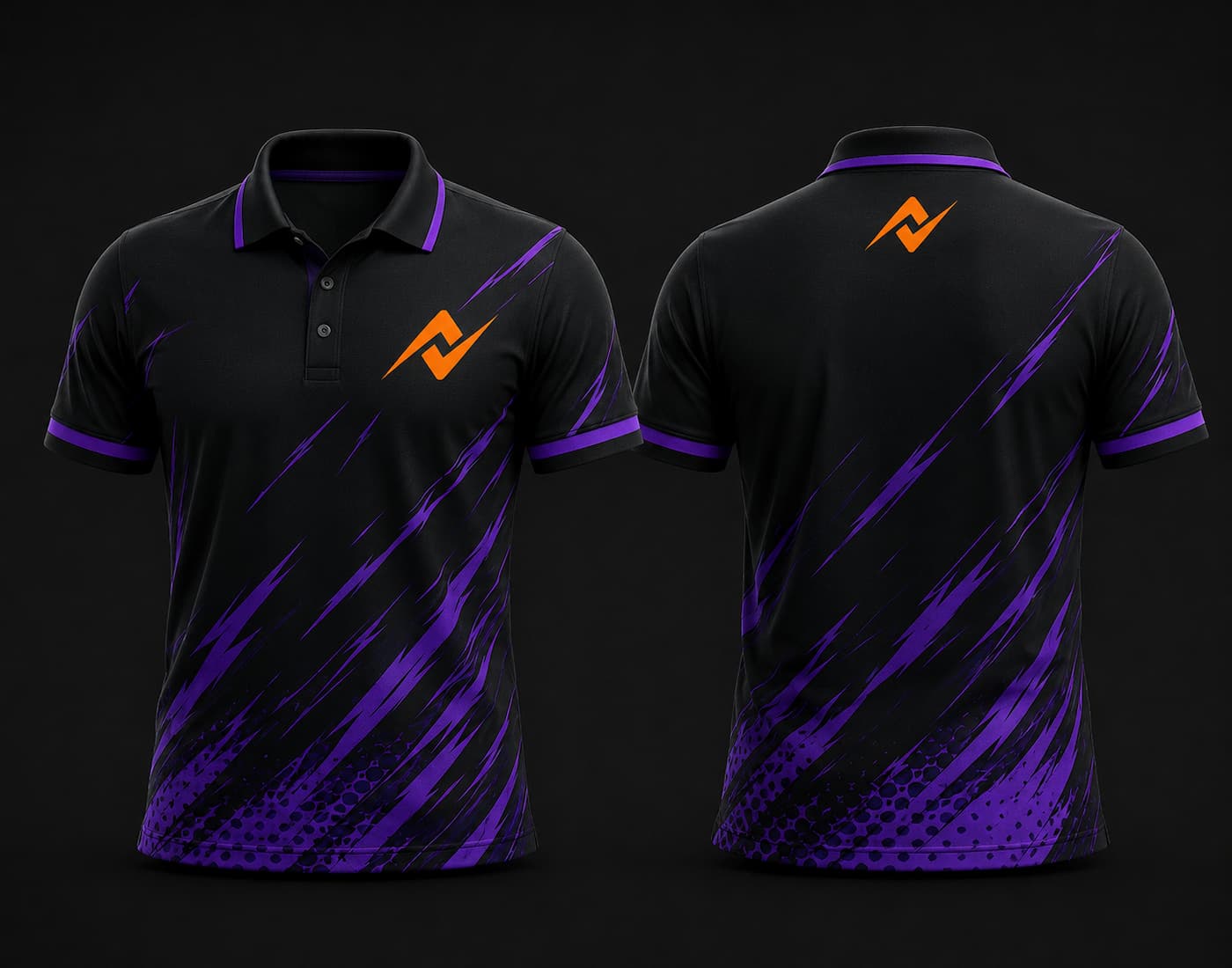 Black and purple polo collar esports jersey with dynamic purple graphics, orange logo on the left chest, and matching logo below the back neck, front and back mockup.
