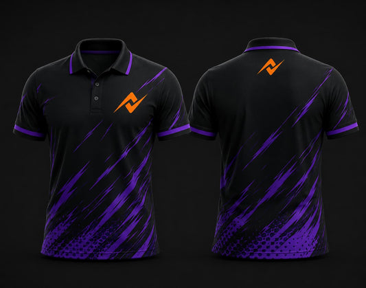 Black and purple polo collar esports jersey with dynamic purple graphics, orange logo on the left chest, and matching logo below the back neck, front and back mockup.