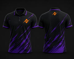 Black and purple polo collar esports jersey with dynamic purple graphics, orange logo on the left chest, and matching logo below the back neck, front and back mockup.