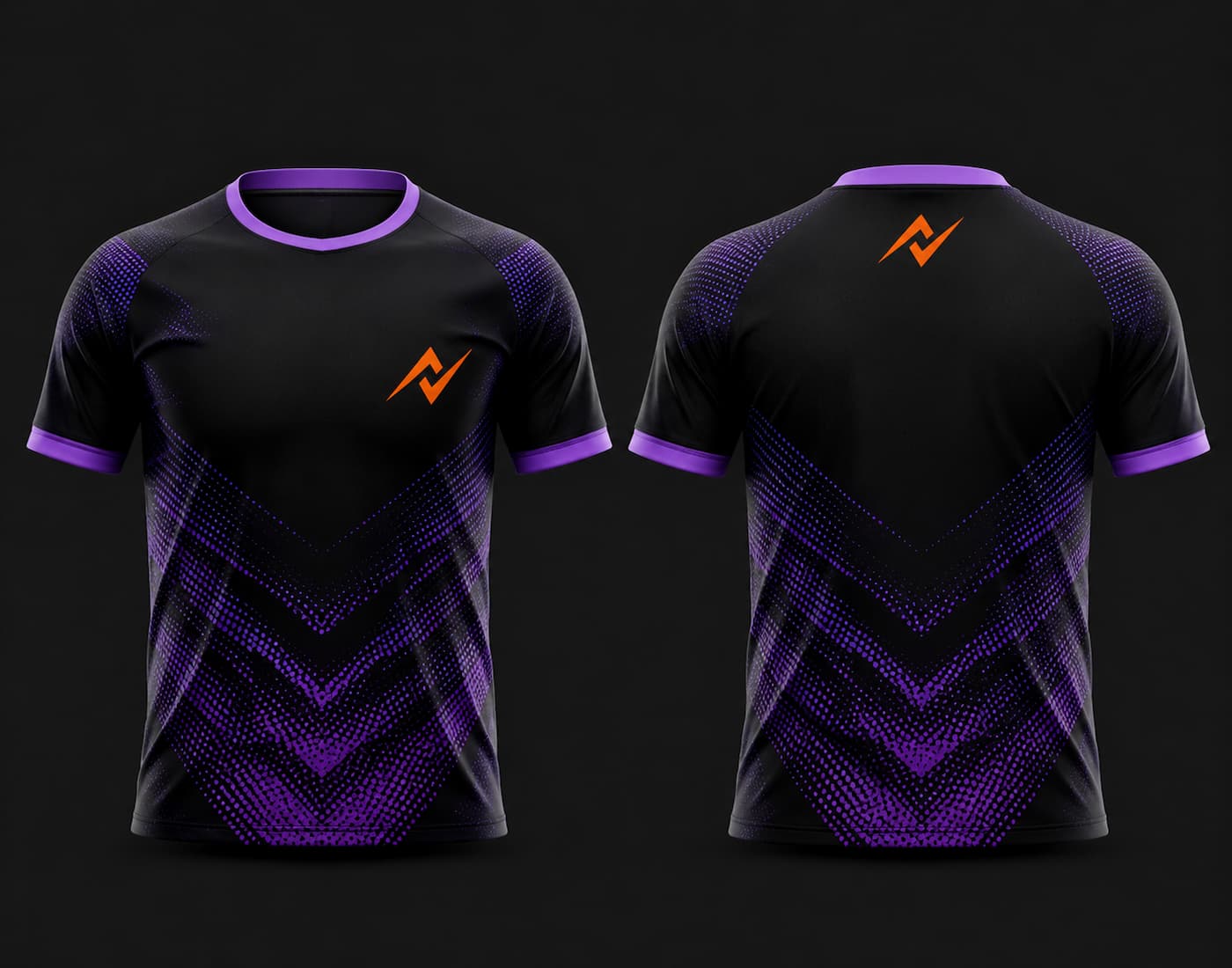 Front and back view of a black and purple round neck cricket jersey featuring a vortex gradient pattern with an orange chest logo, customizable for cricket teams.