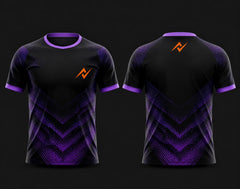 Front and back view of a black and purple round neck cricket jersey featuring a vortex gradient pattern with an orange chest logo, customizable for cricket teams.