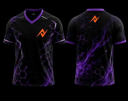 Front and back view of a black and purple V-neck esports jersey featuring futuristic energy graphics, molecular patterns, and an orange logo on the chest and upper back.