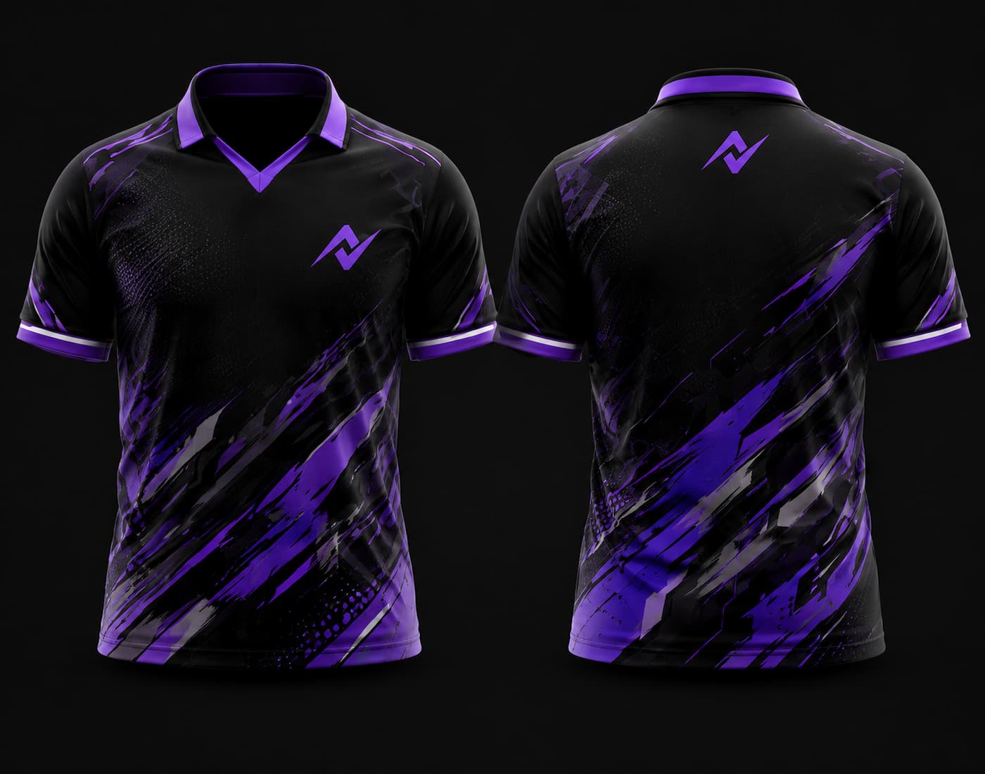 Black and purple V-neck polo collar esports jersey featuring abstract brushstroke graphics with front and back views for custom gaming teams.