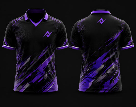 Black and purple V-neck polo collar esports jersey featuring abstract brushstroke graphics with front and back views for custom gaming teams.