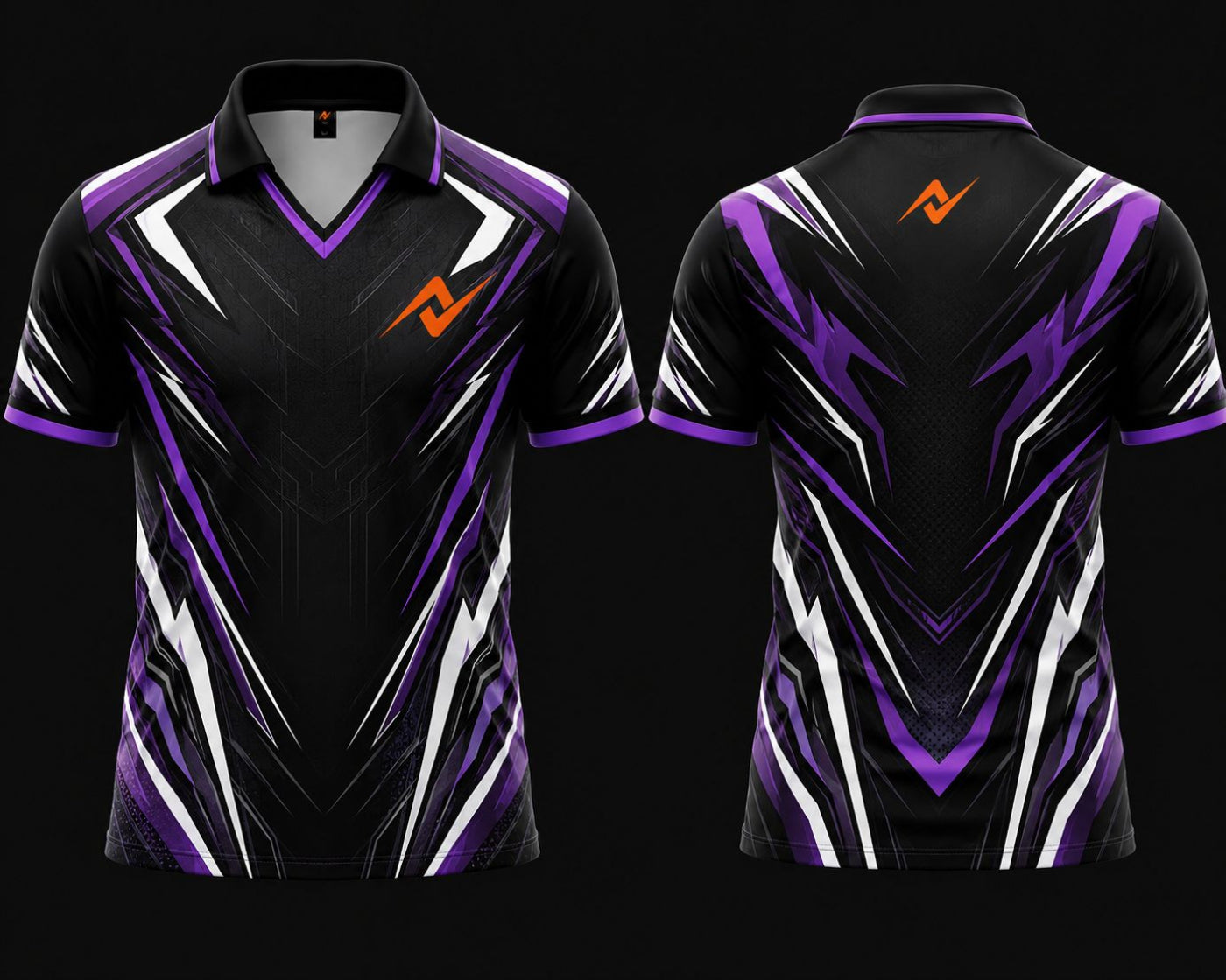 Front and back view of a black and purple esports jersey with V-neck polo collar featuring chest logo and back neck logo placement.