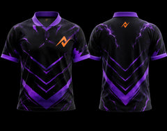 Front and back view of a black and purple Vortex esports jersey with Chinese collar, lightning graphics, and premium sublimation print.