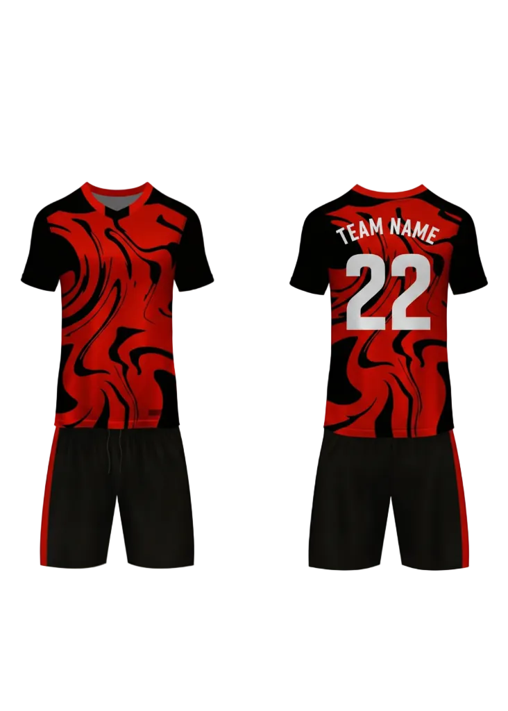 Black and red abstract pattern sports jersey with matching shorts front and back view custom football cricket and esports team uniform