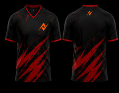 Front and back view of a black and red V-neck esports jersey featuring crimson slash graphics with an orange logo on the chest and below the back neckline.