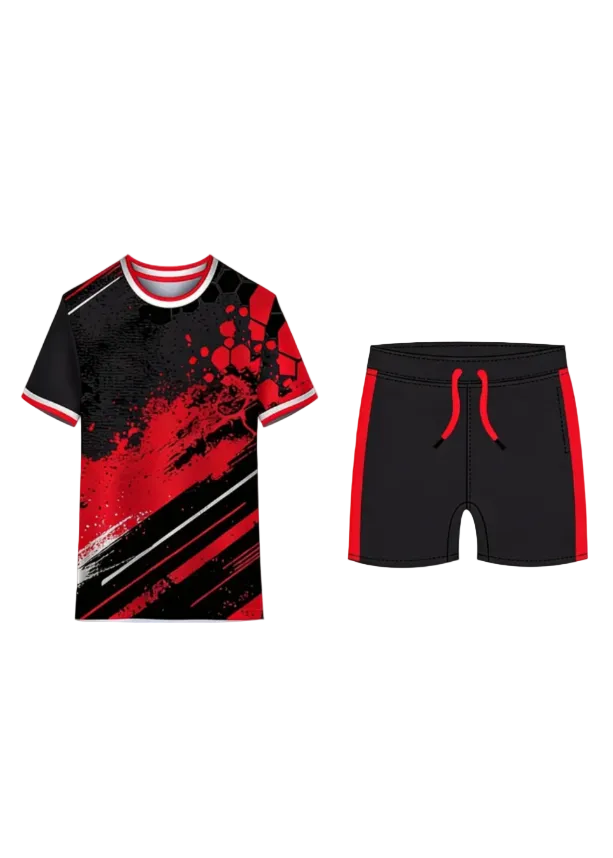 Black and red splatter custom sports jersey with matching shorts for cricket, football and volleyball team uniform sublimation printing