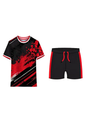 Black and red splatter custom sports jersey with matching shorts for cricket, football and volleyball team uniform sublimation printing