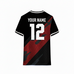 Black and red sports t-shirt back design with diagonal textured stripe pattern for custom sublimation cricket and football team jersey printing by NextPrint Indi