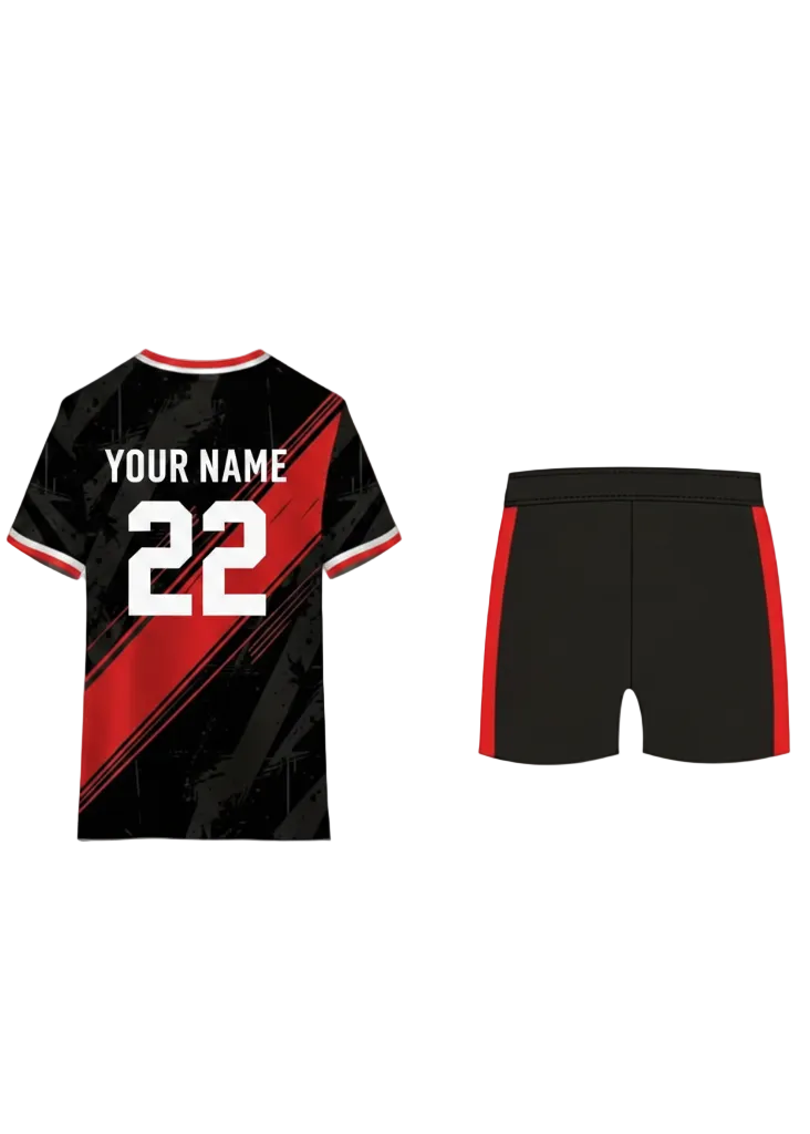 Black and red custom sports jersey with diagonal stripe design and matching shorts for cricket, football, volleyball and team uniforms in India