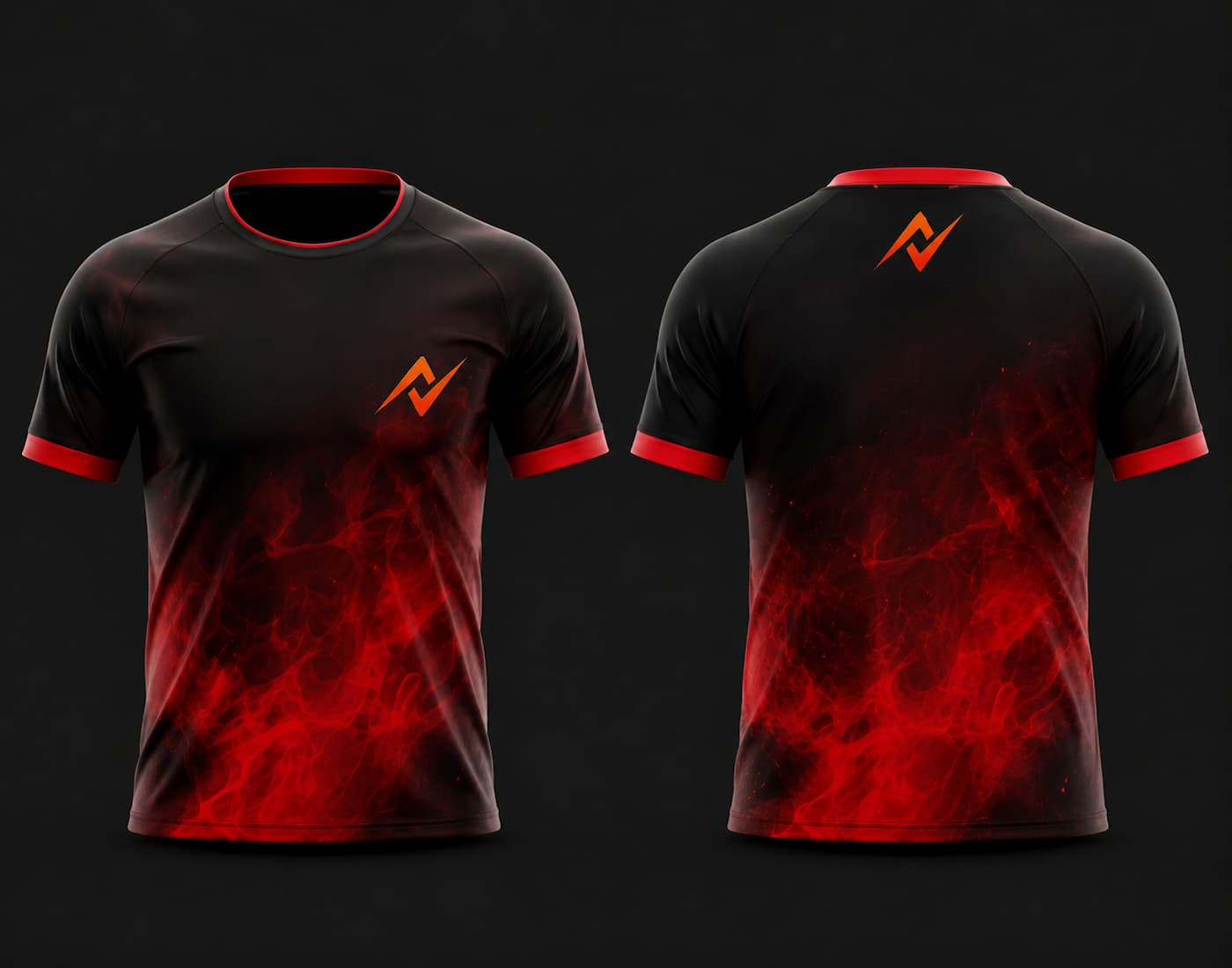 Front and back view of a black and red flame round neck cricket jersey featuring fiery smoke graphics with an orange chest logo, customizable for cricket teams.