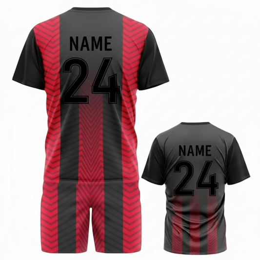 Black red geometric sports jersey with black shorts back view