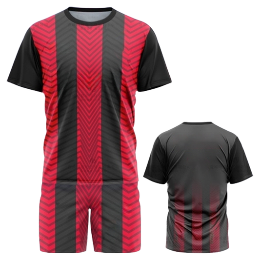 Black red geometric sports jersey with black shorts front view
