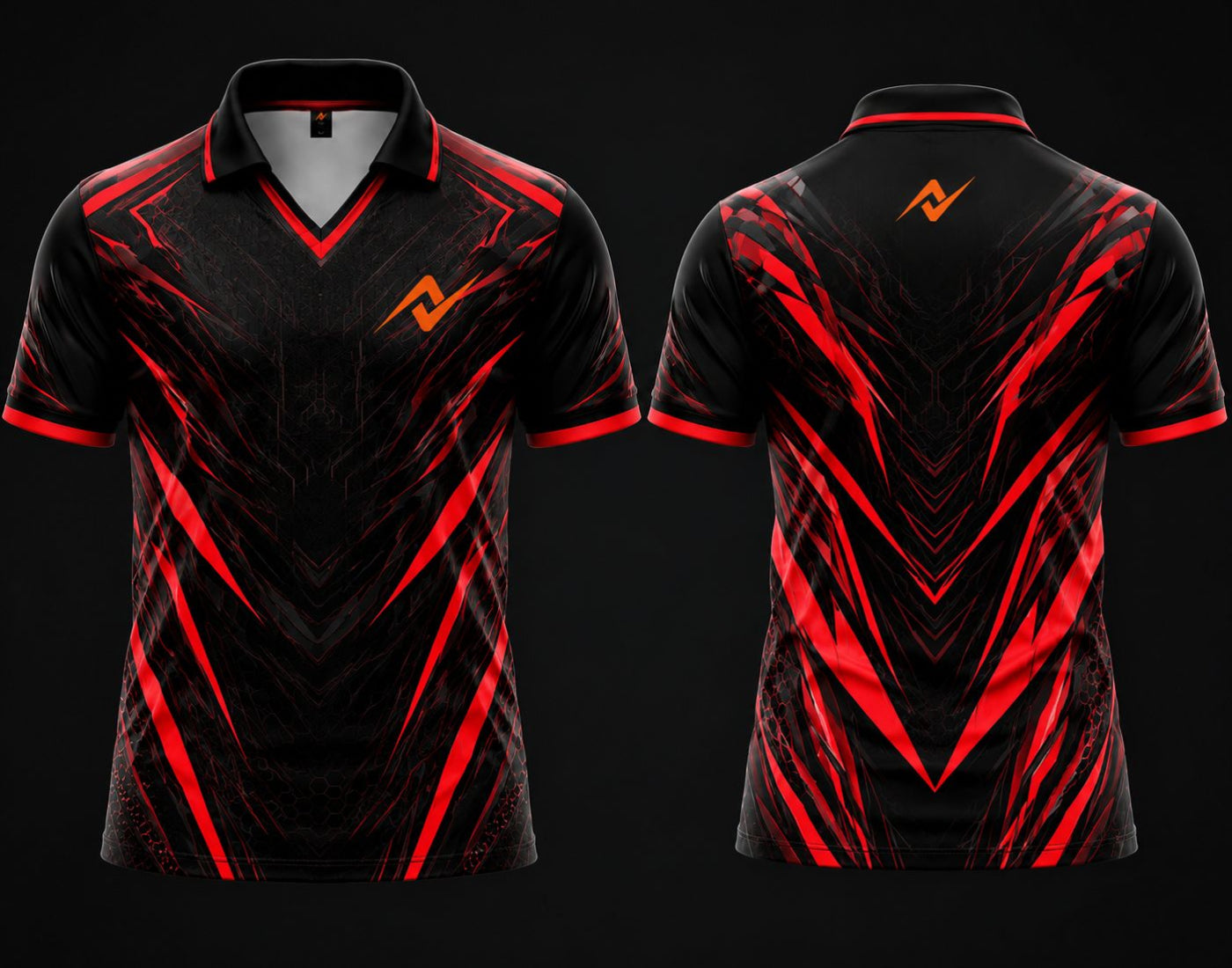 Front and back view of a black and red esports jersey featuring a V-neck polo collar with chest logo placement and back neck branding.