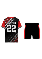 Black and red lightning pattern custom sports jersey with matching shorts for cricket, football and volleyball team uniform sublimation printing