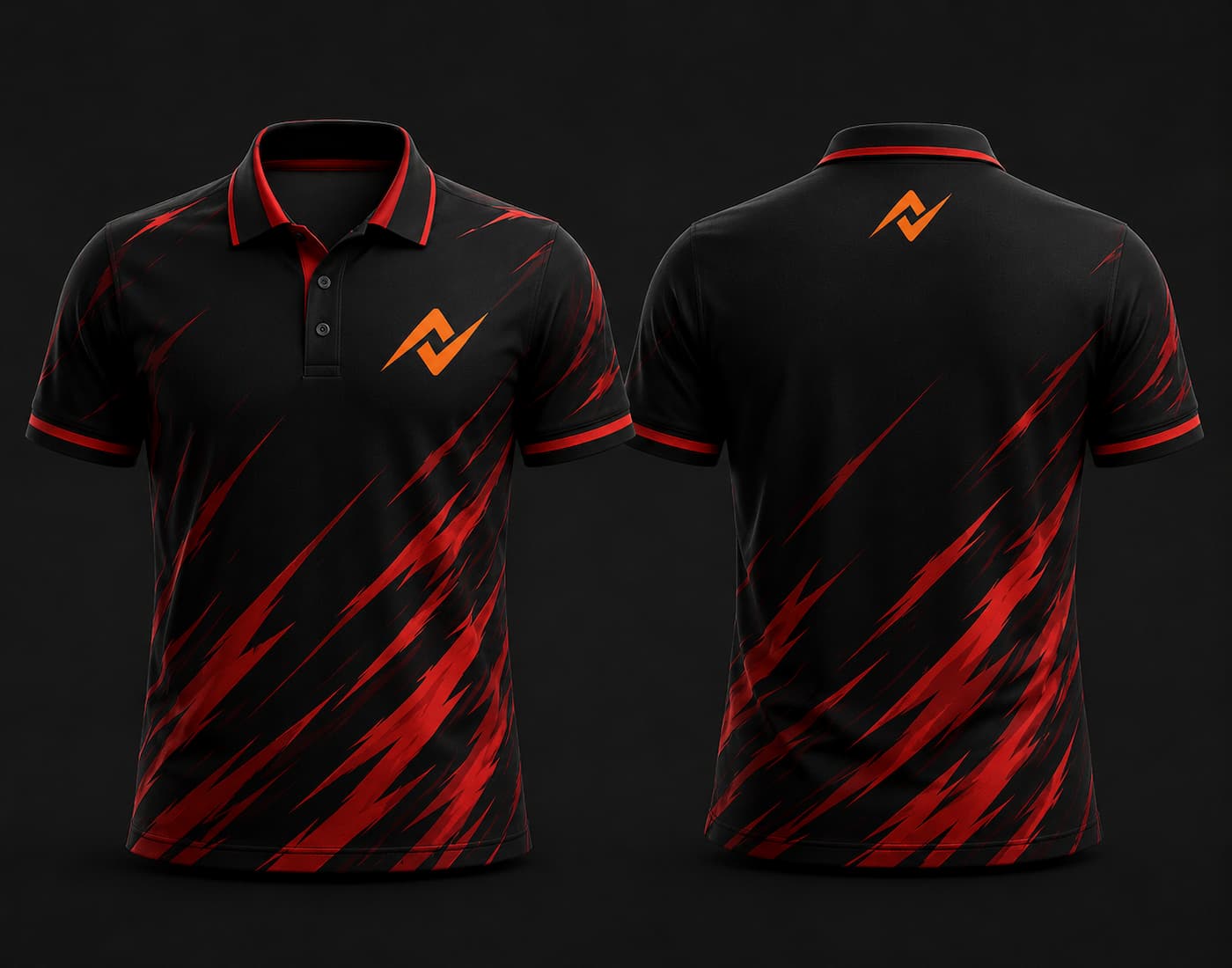 Black and red polo collar esports jersey with flame graphics, custom orange logo on the left chest and below the back neck, front and back mockup.